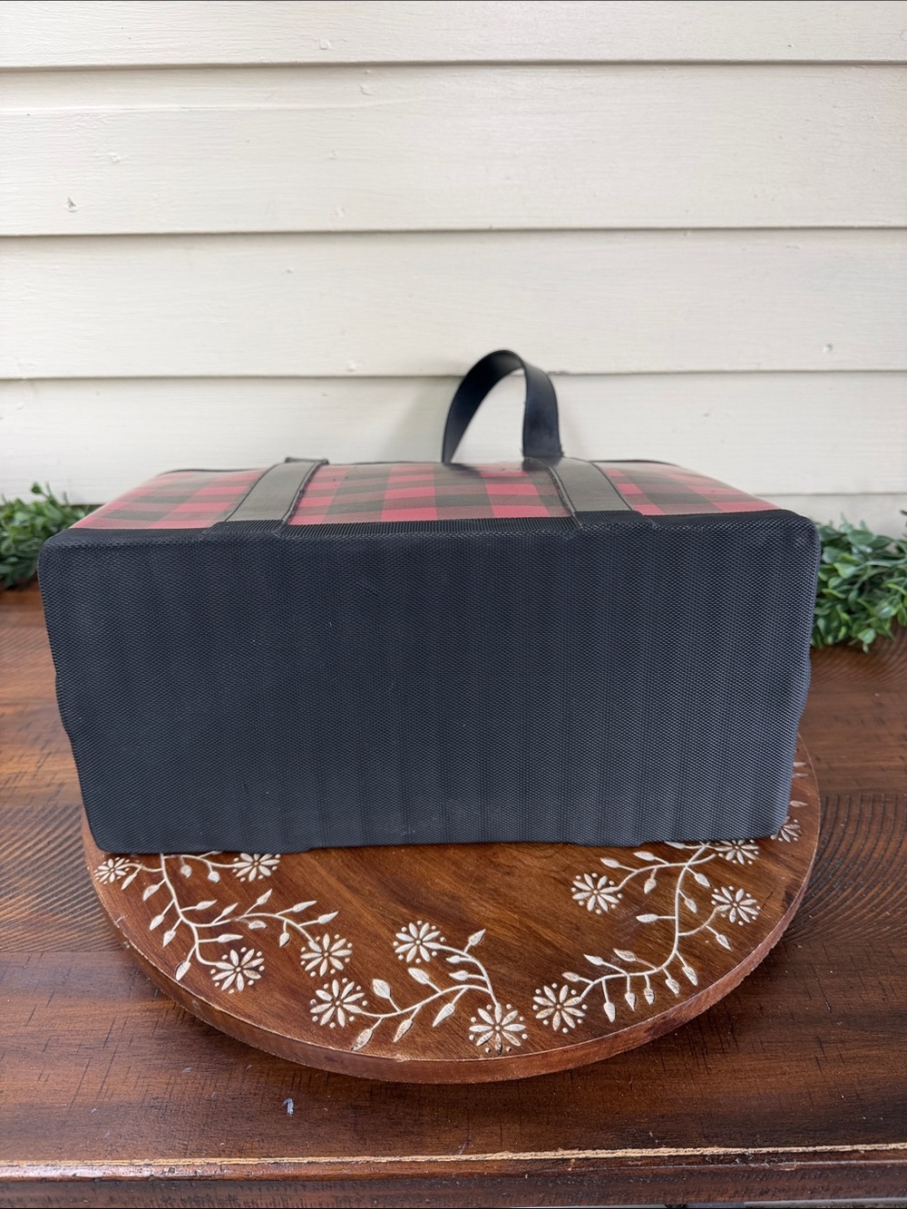 L.L. Bean Vulcanized Rubber Red and Black Plaid Tote - Picture 3 of 5